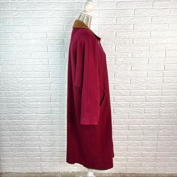 Vintage Jofeld Long Wool Coat Overcoat Burgundy Tan Suede Collar Size Large - Picture 4 of 8